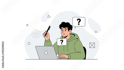 Confused man with question marks over laptop, thinking hard about problem