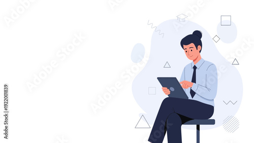 Businesswoman using tablet computer, modern office environment, flat design