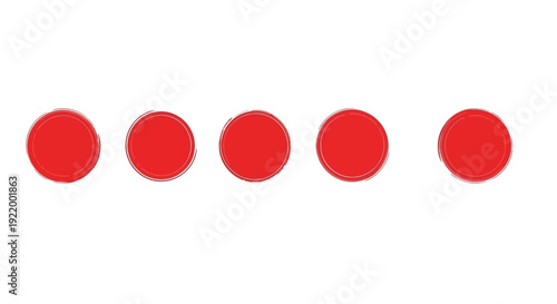 Five Red Circular Shapes with Textured Brushstroke Edges in a Row on White