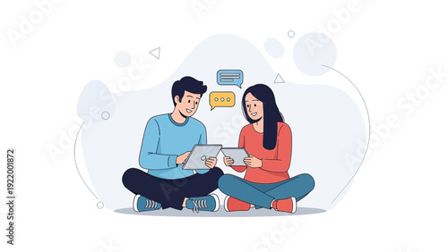 Couple Using Tablets for Communication, Online Chatting and Connection