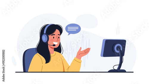 Customer service agent with headset and computer, online support and communication