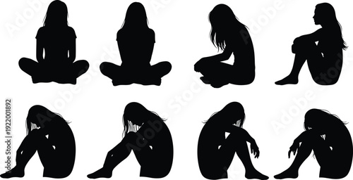 Sad woman sitting silhouette set expressing depression, loneliness and emotional stress isolated on white background, mental health concept vector illustration collection
