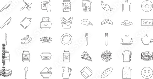 Hand drawn line of breakfast food and kitchen utensils line kitchen knives