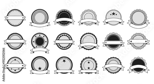 Collection of Circular Badges and Seals with Ribbons and Stars, Vector Graphics