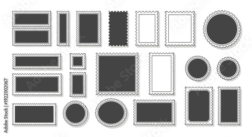 Collection of diverse postage stamp shapes and sizes on a white background