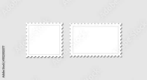 Two blank white postage stamps with perforated edges on a light gray background
