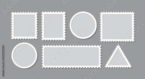 Collection of Various Shapes of Postage Stamps with Perforated Edges on Grey Background