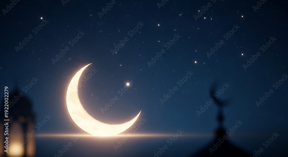 Naklejka premium Crescent moon and stars in night sky with mosque silhouettes