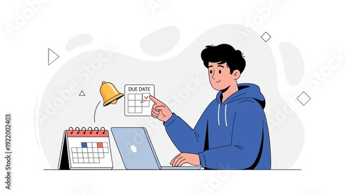 Man checking calendar and laptop for due date reminder, time management concept