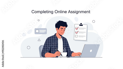 Man Completing Online Assignment on Laptop with Coffee