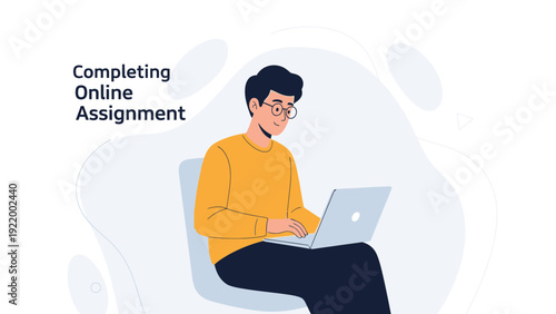 Man Completing Online Assignment on Laptop, Remote Work, Study, Education Concept