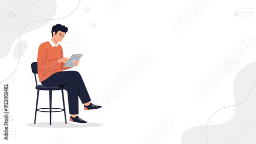 Man Sitting on Chair Using Tablet Computer, Modern Flat Illustration