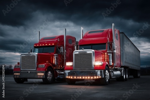 two red semi trucks standing side by side, traditional style with silver grills, dark sky in background, wide angle shot Generative AI