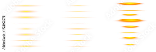 Set of glowing yellow horizontal light effects and futuristic lens flares for digital interface