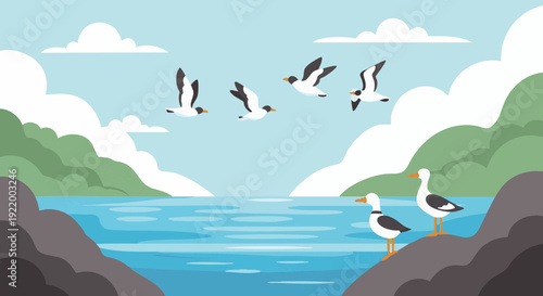 Flock of seabirds flying over a calm coastal bay with green hills and rocky shore. Vector illustration.