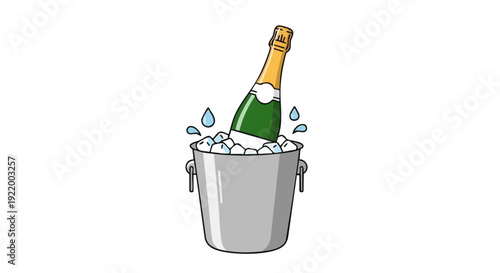 Vector illustration of a sparkling wine bottle chilling in an ice bucket on a black background.