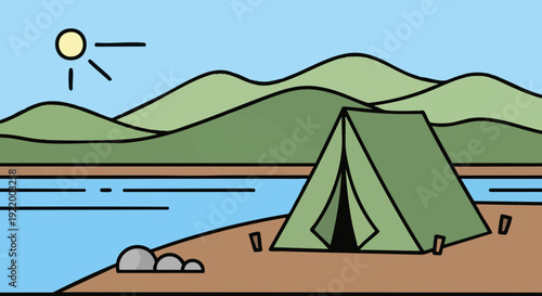 Vector illustration of a campsite with a tent by a river and green mountains on a sunny day.