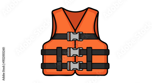 Orange life jacket vector illustration on black background. Safety equipment for water sports and boating.