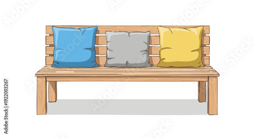 Three colorful cushions on a wooden bench. Hand-drawn vector illustration of outdoor furniture.