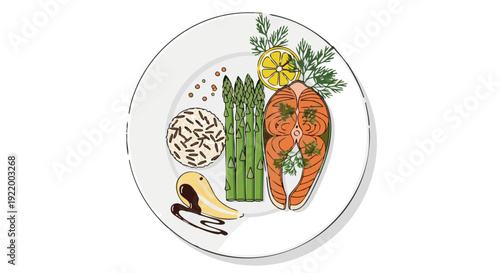 Vector illustration of a gourmet dish: salmon steak with asparagus, rice, and lemon on a plate.