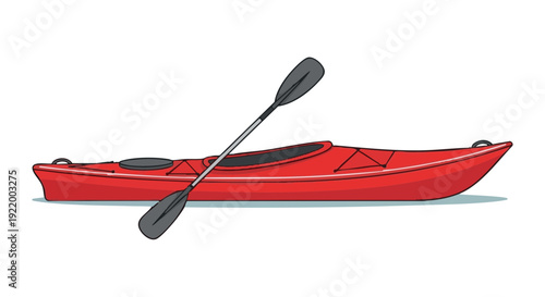 Vector illustration of a red kayak with a paddle. Outdoor recreational boat isolated on a black background.