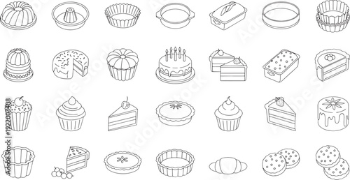 Collection of black and white line baking pans cakes cupcakes pies and cookies