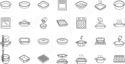 Collection of black and white line depicting baking and cooking utensils and food kitchen