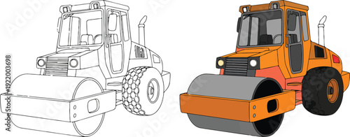 A side-by-side comparison of a coloring book illustration and its colored version of a construction roller compactor.