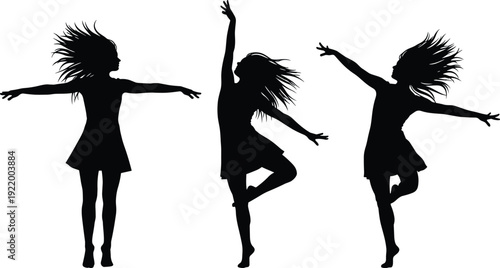 Black silhouette of three dancing girls expressing joy and freedom, children dance movement concept, energetic poses, artistic motion, isolated on white background