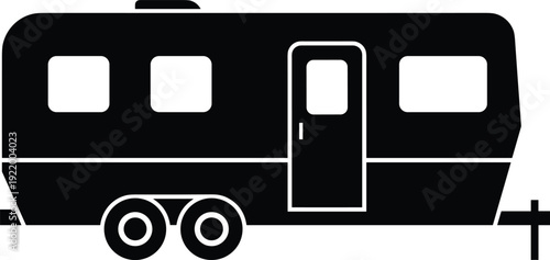 Black Silhouette of Travel Trailer or Camper Caravan with Wheels and Windows, Simple Vector Illustration Icon Representing Road Trip, Camping, and Recreational Vehicle.