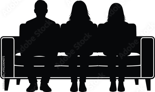 Black silhouette of three people sitting on sofa, modern waiting room scene symbolizing teamwork, family, conversation, interview, cinema audience, and minimal interior design concept