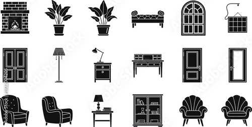 Large collection of black home interior icons featuring furniture appliances bathroom fixtures bedroom sets kitchenware stairs curtains and decorative household elements for vector design
