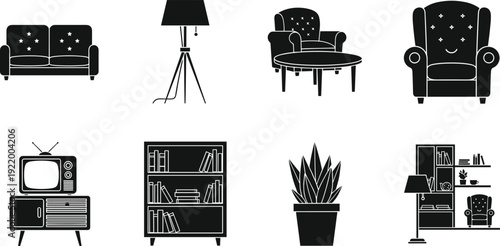 Large collection of black home interior icons featuring furniture appliances bathroom fixtures bedroom sets kitchenware stairs curtains and decorative household elements for vector design