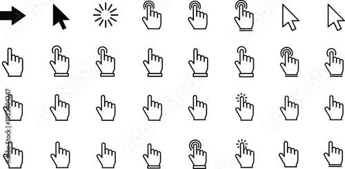 Large set of black and white computer cursor icons featuring hand pointers clicking gestures arrow pointers loading symbols for website interface and app design