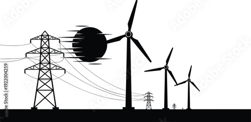 Black silhouette of wind turbines and electric transmission towers with power lines, renewable energy landscape vector illustration, sustainable electricity infrastructure concept