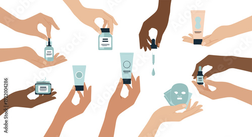 A collection of diverse hands with varying skin tones are holding an assortment of different skincare products and beauty items on a clean white background.