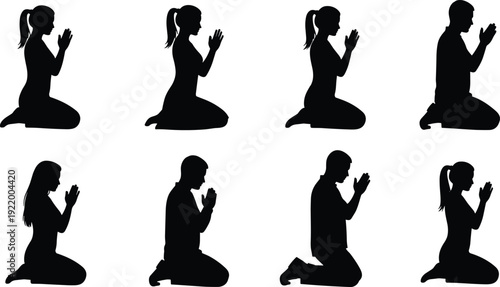 Black silhouette people praying vector illustration, men and women kneeling prayer poses collection, spiritual worship meditation icons, religion faith concept design