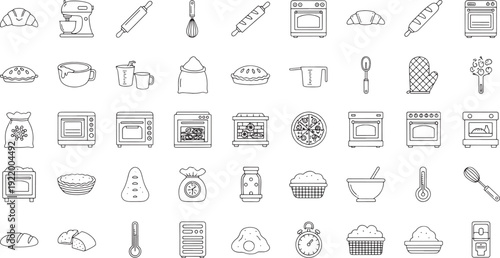 Collection of black line baking and kitchen on white background croissant mixer rolling pin