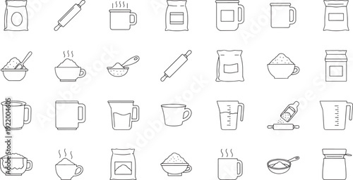 Collection of black line for baking and cooking ingredients and tools line black and white