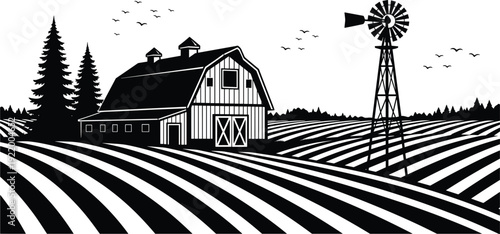 Black silhouette rural farm landscape vector illustration, traditional barn windmill and cultivated fields scene, countryside agriculture nature view isolated on white background