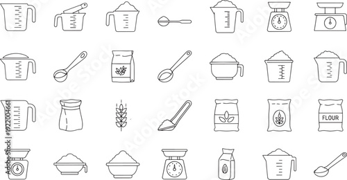 Collection of black line for baking ingredients and tools measuring cup spoon flour bag wheat stalk