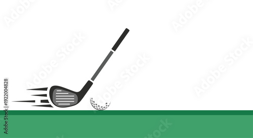A dynamic golf club is shown actively striking a white golf ball with visible speed lines, positioned on a vibrant green ground against a clean white background.