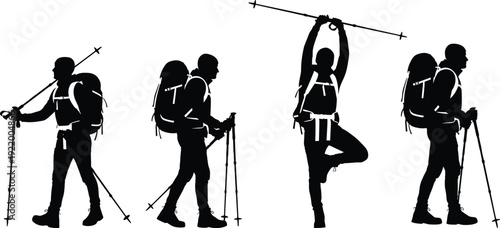 Black silhouette set of hikers with backpacks and trekking poles, outdoor adventure, hiking poses, mountaineering activity, travel exploration, fitness lifestyle, and nature recreation concept