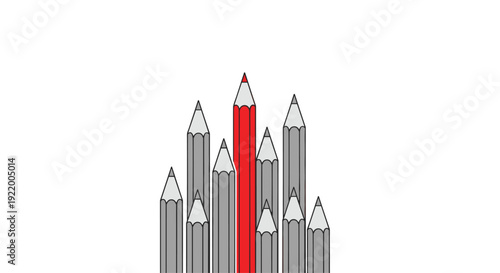 A single sharp red pencil stands prominently taller than a cluster of several sharp gray pencils arranged in a pyramid shape on a white surface.