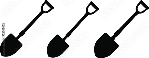 Black silhouette shovel icons, garden tool vector set, digging equipment illustration, isolated spade shapes, landscaping design elements, farming graphics