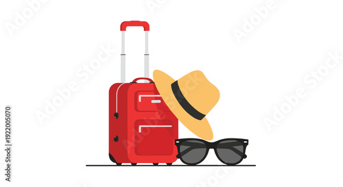 A bright red rolling suitcase with an extendable handle stands upright, accompanied by a straw hat and a pair of dark sunglasses, against a white backdrop.