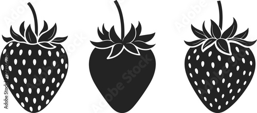 Black silhouette strawberries vector illustration, minimal fruit design, strawberry icons set, graphic berry art, isolated strawberries clipart, healthy food symbol