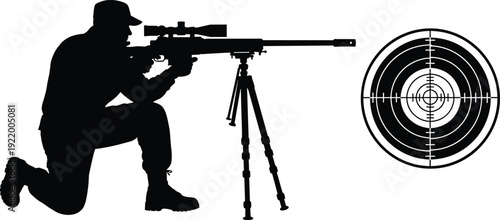 Black silhouette sniper aiming rifle vector illustration, military shooter with scope on tripod, target practice concept, tactical shooting precision icon design