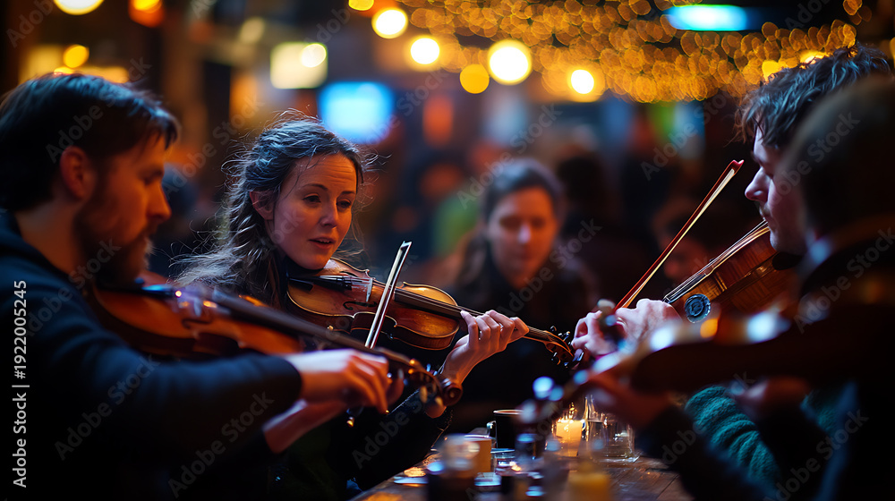 Fototapeta premium Musicians playing violins together at a lively outdoor evening gathering