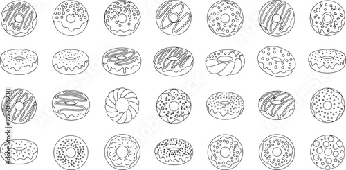 Collection of hand drawn black and white donut with various toppings doughnut food sweet pastry